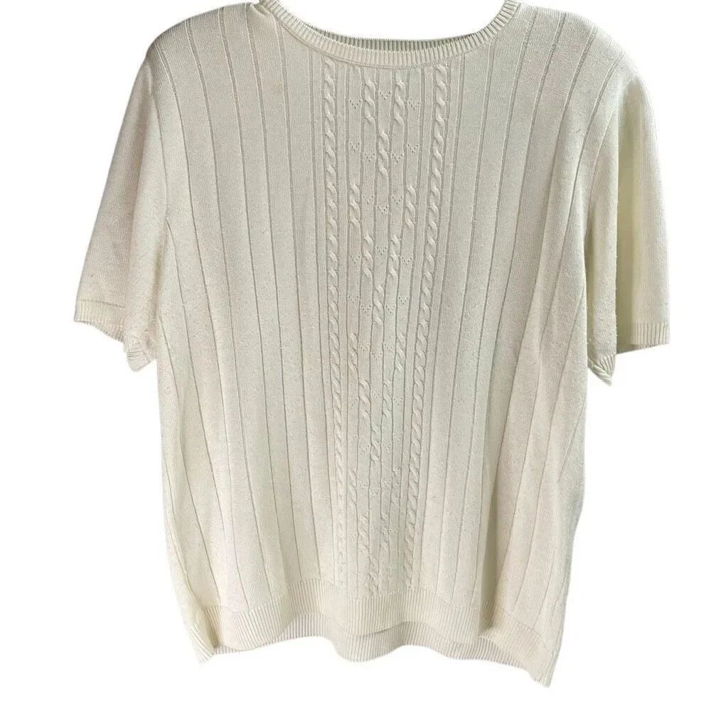 ALFRED DUNNER Ivory Short SleeveโRibbed Knit Sweater Classic Cable Front Large
